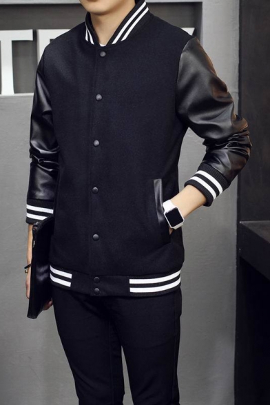 Basic Simple Stand-Up Collar Long Sleeve PU Panelled Buttons Down Black Baseball Jacket