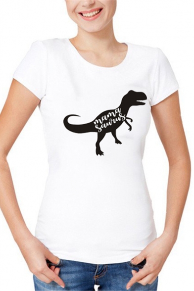 Cartoon Dinosaur Letter MAMA SAURUS Printed Short Sleeve Loose Casual T-Shirt