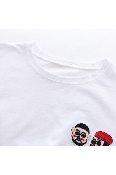 Cartoon Figure Embroidered Round Neck Short Sleeve Pullover T-Shirt