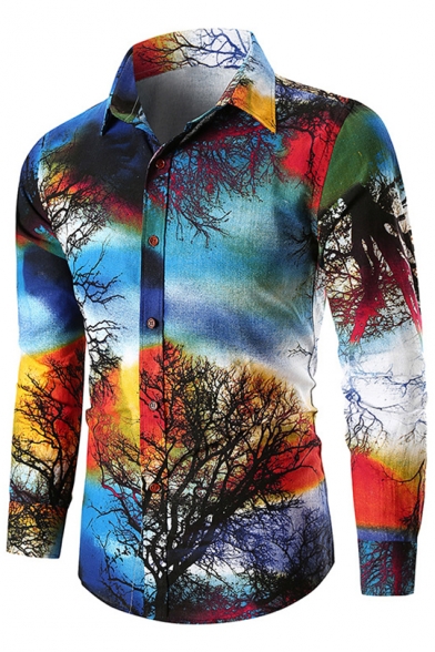 Colorful Landscape Tree Printed Long Sleeve Men's Slim Fit Button-Up Shirt