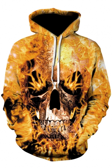 Cool Evil Fire Skull Printed Sport Relaxed Yellow Hoodie