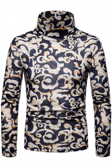 Fashion Auspicious Cloud Pattern Long Sleeve Mens High Neck Basic Warm Jumper Sweater