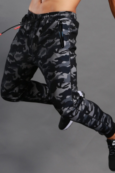 Fashion Camo Pattern Drawstring Waist Zipper Pockets Mens Casual Slim Fit Outdoor Mountaineering Track Pants