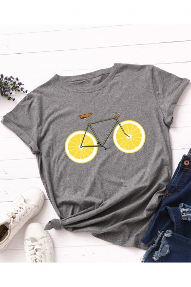 Funny Lemon Bike Pattern Short Sleeve Round Neck Summer Cotton Tee