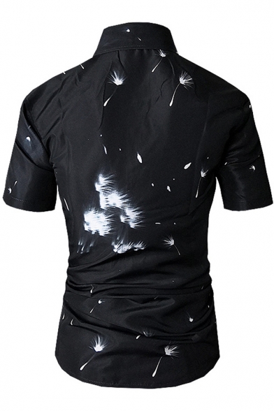Guys Fashion Dandelion Pattern Short Sleeve Black Casual Fitted Button Front Shirt