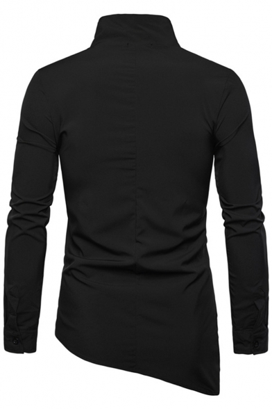 Guys New Stylish Cool High Neck Obique Button Closure Simple Plain Long Sleeve Pleated Shirt