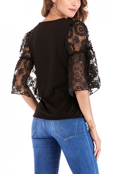 Hot Fashion Lace-Up Embroidery Floral Flare Sleeve Round Neck Tee