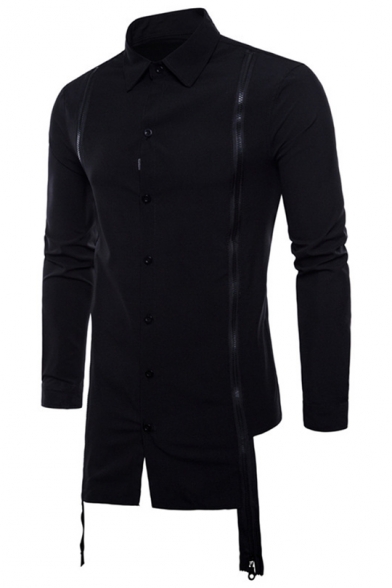 Zippers Embellished Long Sleeve Plain Mens Slim Fit Button Front Asymmetric Shirt