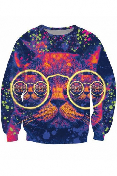 Lovely Cartoon Cat with Glasses 3D Printed Round Neck Long Sleeve Blue Sweatshirt
