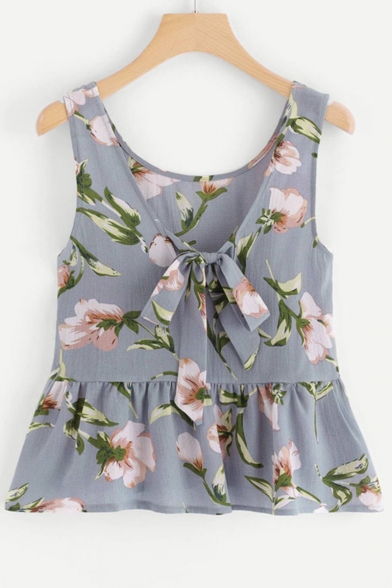 Lovely Floral Printed Tied Front Sleeveless Chiffon Grey Tank Top