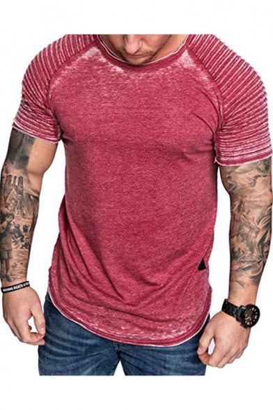 Men's Hip Hop Style Distressed Pleated Shoulder Short Sleeve Plain Fitness T-Shirt
