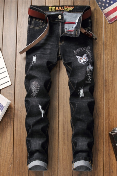 Men's Hot Fashion Cat Floral Embroidery Distressed Stretch Slim Fit Black Jeans