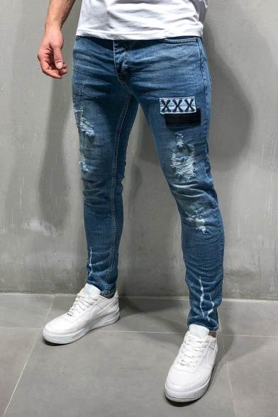 Men's Street Hip Hop Style XXX Embroidery Patched Blue Casual Ripped Skinny Jeans