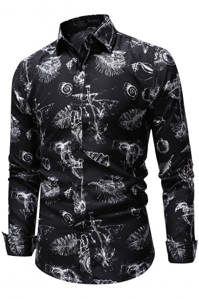Mens Fashion Conch Shell Printed Long Sleeve Spread Collar Black Casual Fitted Shirt