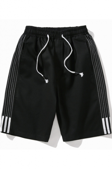 Mens Fashionable Stripe Side Drawstring-Waist Leisure Cotton Straight Shorts