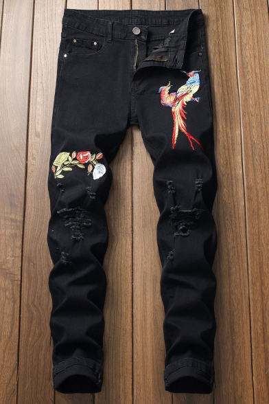 Mens Hot Fashion Floral Bird Embroidery Distressed Stretch Fit Black Ripped Jeans