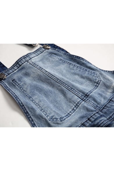 Mens Popular Basic Plain Washed-Denim Ripped Destroyed Slim Fit Overall Jeans