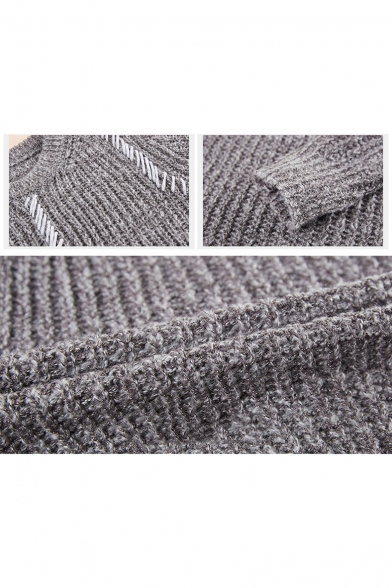 Mens Unique Patchwork Jacquard Round Neck Plain Marled Knit Sweater