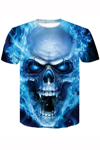 New Trendy Cool 3D Blue Fire Skull Printed Round Neck Basic T-Shirt