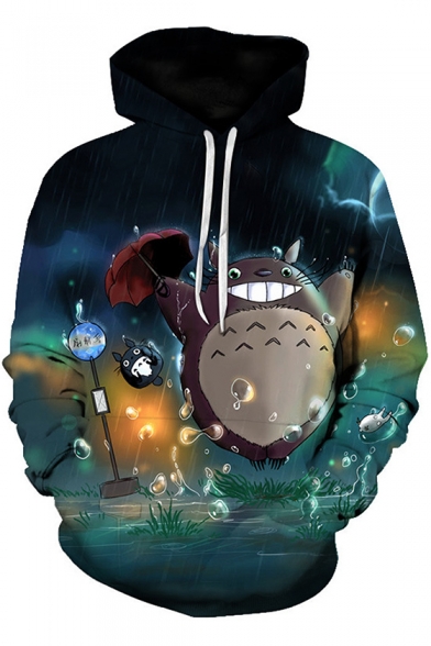 New Trendy Lovely Cartoon Totoro in Rain 3D Printed Drawstring Hoodie in Blue