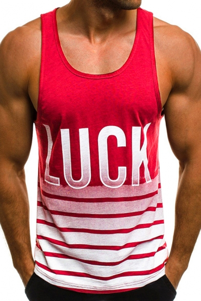 New Trendy Omber Striped Letter LUCK Print Sleeveless Mens Fitness Muscle Tank Top