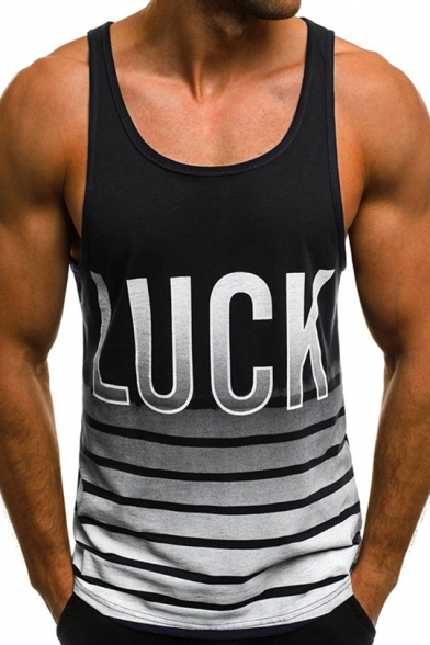 New Trendy Omber Striped Letter LUCK Print Sleeveless Mens Fitness Muscle Tank Top