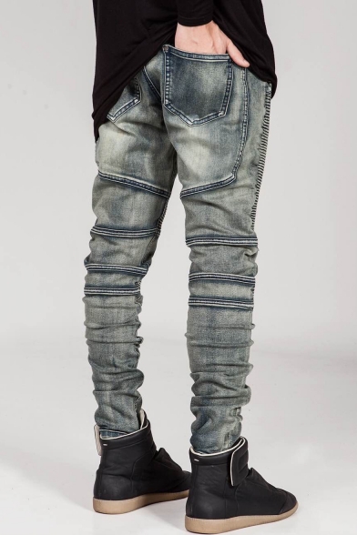 New Trendy Solid Color Men's Pleated Stretch Slim Fit Jeans Biker Jeans