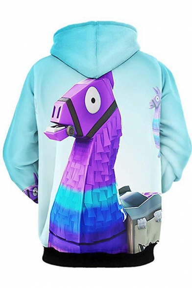 Popular Game Hobby Horse 3D Pattern Basic Long Sleeve Loose Fit Light Blue Hoodie