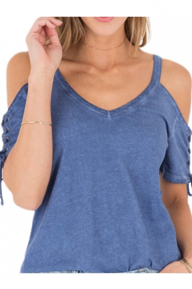 Popular Sexy Plain V-Neck Cold Shoulder Tied Short Sleeve Blue T-Shirt