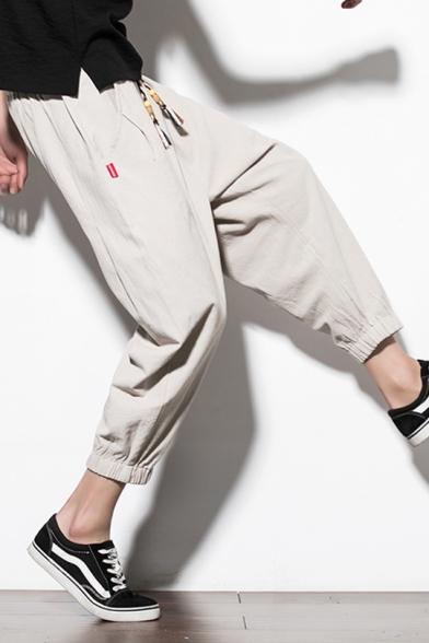 Retro Chinese Style Plain Cotton and Linen Drawstring-Waist Loose Fit Cropped Tapered Trousers Pants for Men