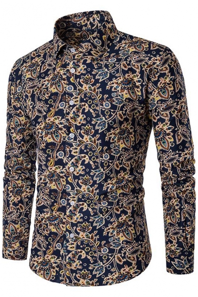 Retro Ethnic Floral Pattern Long Sleeve Slim Fit Navy Cotton Shirt for Men