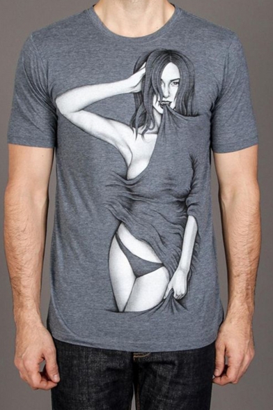 Sexy Cartoon Girl Figure Printed Short Sleeve Round Neck T-Shirt for Men