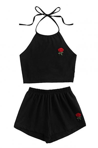 Sexy Embroidery Floral Halter Neck Cropped Cami Top Sports Elastic Waist Shorts Black Co-ords