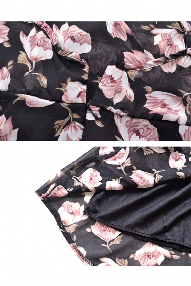 Sexy Floral Printed V-Neck Open Back Black Midi Asymmetric Dress