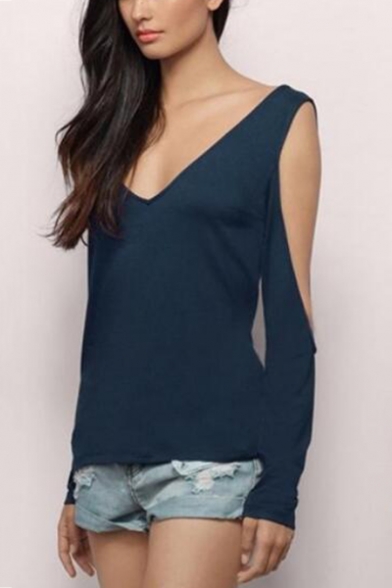 Sexy Solid Color V-Neck Long Sleeve Cold Shoulder Cross Back T-Shirt for Women