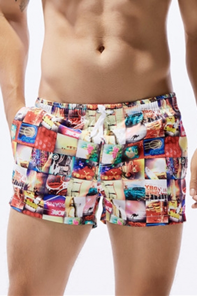Summer Fashion Printed Drawstring Waist Breathable Quick-Dry Men's Beach Casual Swim Shorts