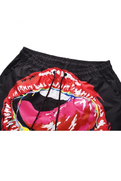 Summer Funny Red Lip Tongue Printed Casual Loose Black Beach Swim Shorts