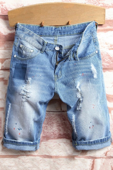 Summer Men's New Stylish Destroyed Ripped Rolled-Cuff Light Blue Fit Jeans Denim Shorts