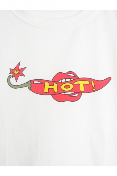 Summer Round Neck Short Sleeve Letter HOT Printed Copped White T-Shirt