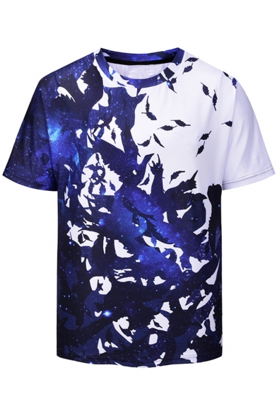 Summer Trendy Galaxy Bird Printed Mens Slim Fit Blue T-Shirt