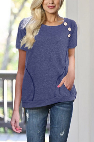 Women's Fashionable Plain Round Neck Short Sleeve Pockets Buttons Patched Casual T-Shirt