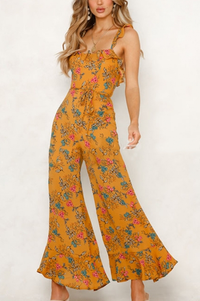 Womens Summer New Trendy Floral Printed Ruffled Hem Tied Waist Wide-Leg Holiday Jumpsuits
