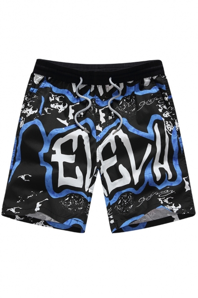 Drawstring Men's Trendy Letter Printed Fast Dry Cotton Loose Swim Shorts with Pockets