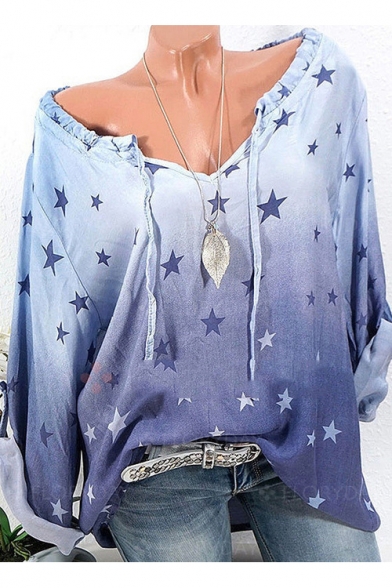 Fashion Allover Star Printed Drawstring V-Neck Long Sleeve Loose Blouse