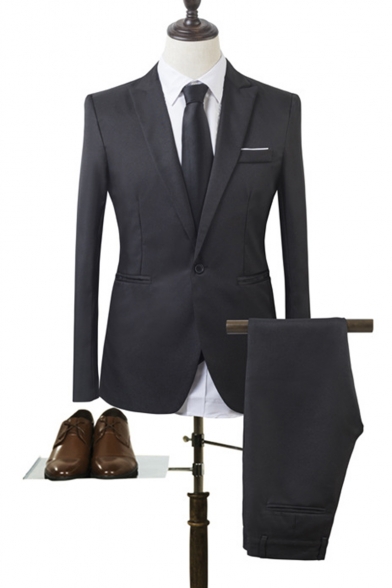 Fashionable Peak Lapel Single Button Long Sleeve Mens Plain Business Two Piece Suit Set
