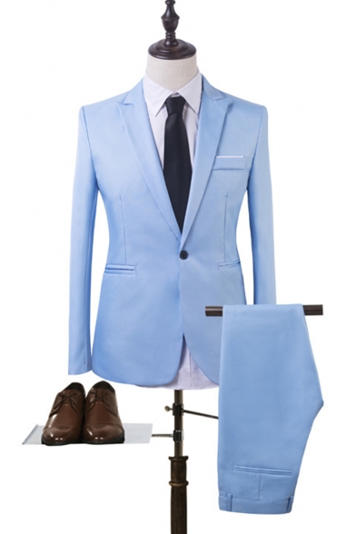 Fashionable Peak Lapel Single Button Long Sleeve Mens Plain Business Two Piece Suit Set