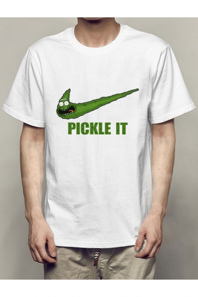 Funny Comic Letter PICKLE IT Logo Printed Short Sleeve Basic White Graphic Tee