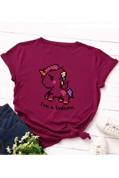 Girls Summer Cartoon Letter Unicorn Pattern Short Sleeve Round Neck Casual Cotton T-Shirt