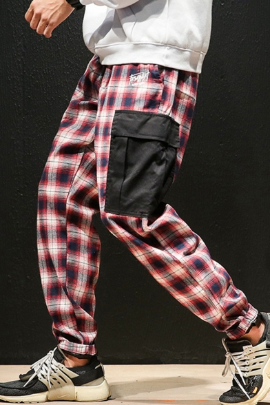 Guys Street Fashion Plaid Print Drawstring Waist Elastic-Cuff Cotton Casual Cargo Pants