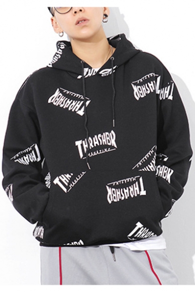 Guys Stylish Allover Letter THRASHBR Printed Long Sleeve Loose Fit Pullover Hoodie